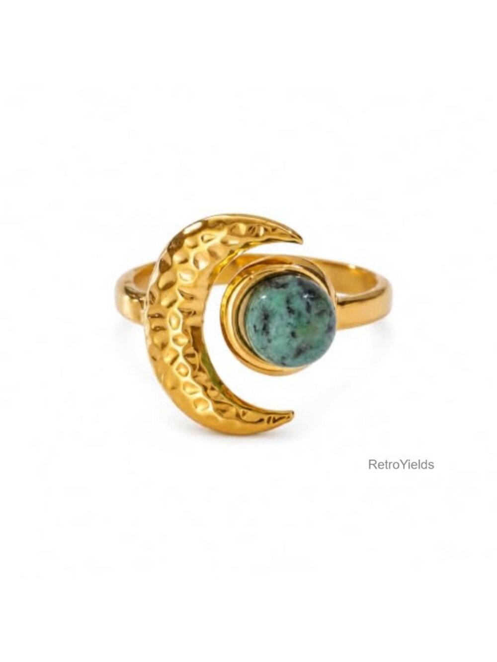 Chunky African Turquoise Ring Stainless Steel Gold Plated Open Adjustable Wavy
